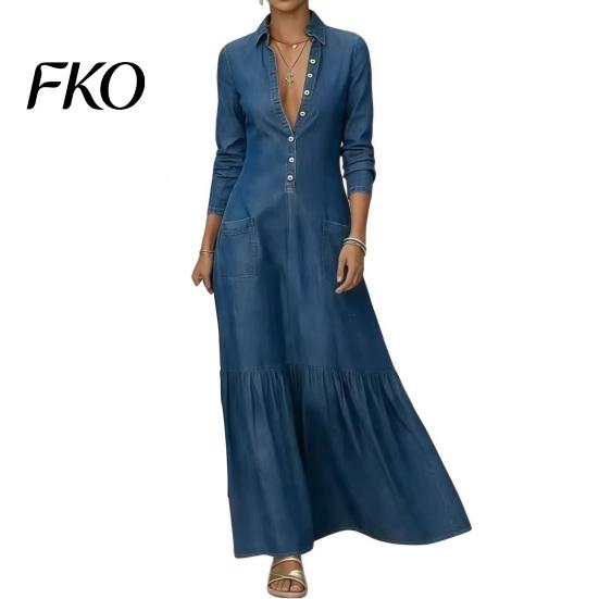 Casual Loose Dress Women Button Down Maxi Denim Dress, Long Sleeve Lapel V Simple Chic Neck Flowy A-line Jean with Pockets Lightweight
