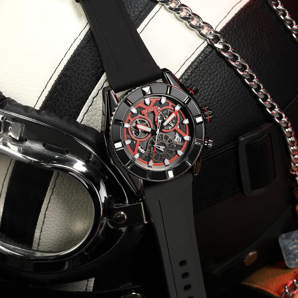 [BUREI] Мужские часы с хронографом, кварцевые, мужские часы, аналоговые, водонепроницаемые, дата, черные, с уретановым ремешком, мужские часы в подарок