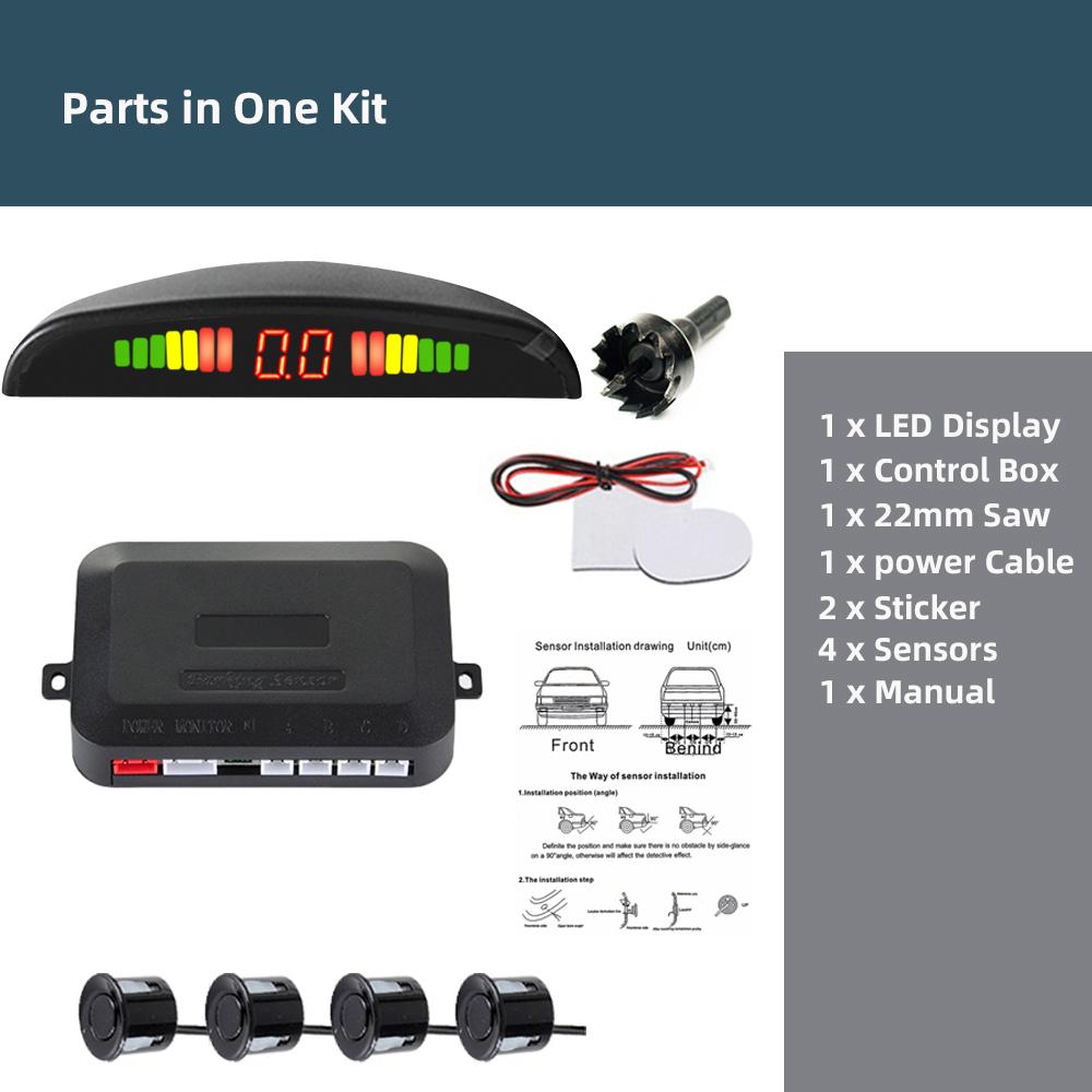 Car LED Parking Sensor Kit 4 Sensors 22mm Reverse Radar Sound Alert Indicator System 8 Colors 12V