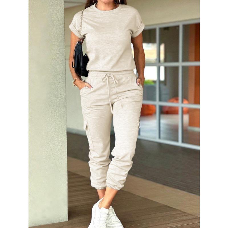Spring Women's Casual Workwear Short Sleeve Top Tunic Lace-Up Jumpsuit