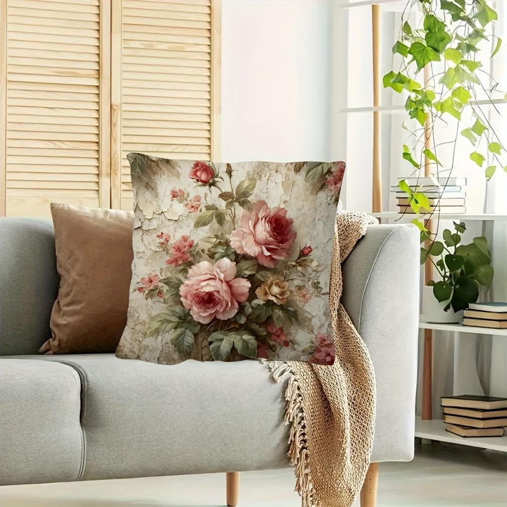 1pc 45.72x45.72 cm Vintage Victorian Floral Pillowcase - Single-sided Decorative Cushion, Pink Rose