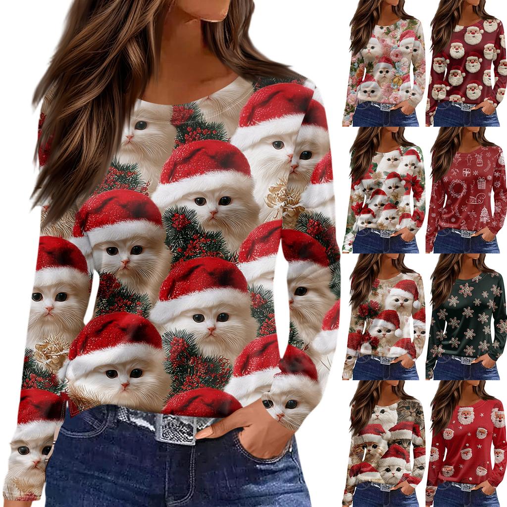 Women's Fashion Hem Slit Casual Christmas Printed Round Neck Long Sleeve Top