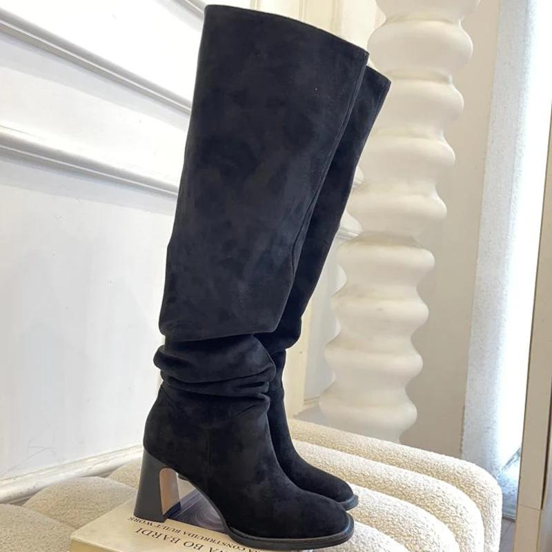 Модные женские сапоги до колена в стиле вестерн, модные плиссированные туфли-лодочки, осень-зима, толстый каблук, женские, современные, длинные сапоги