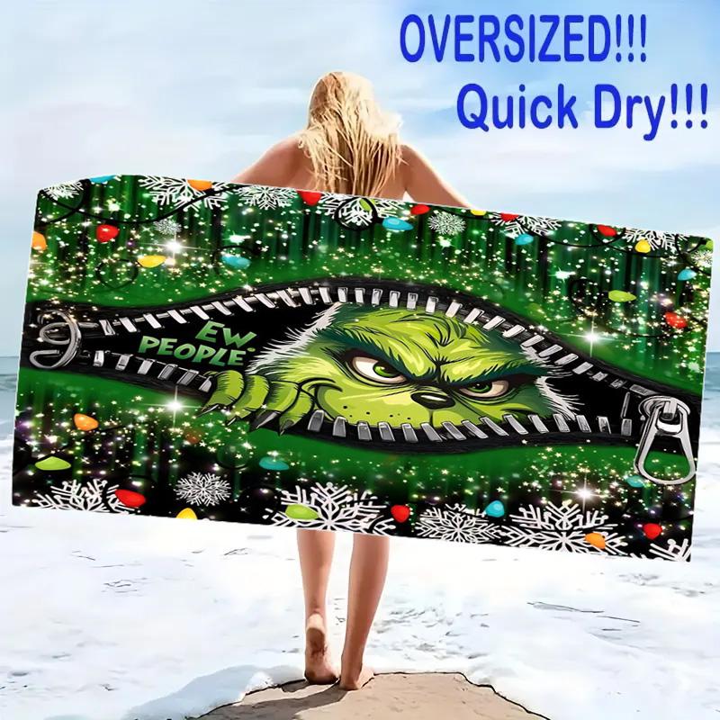 Christmas Green Monster Print Beach Towel, Large Soft Quick Dry Towel for Beach Camping Swimming