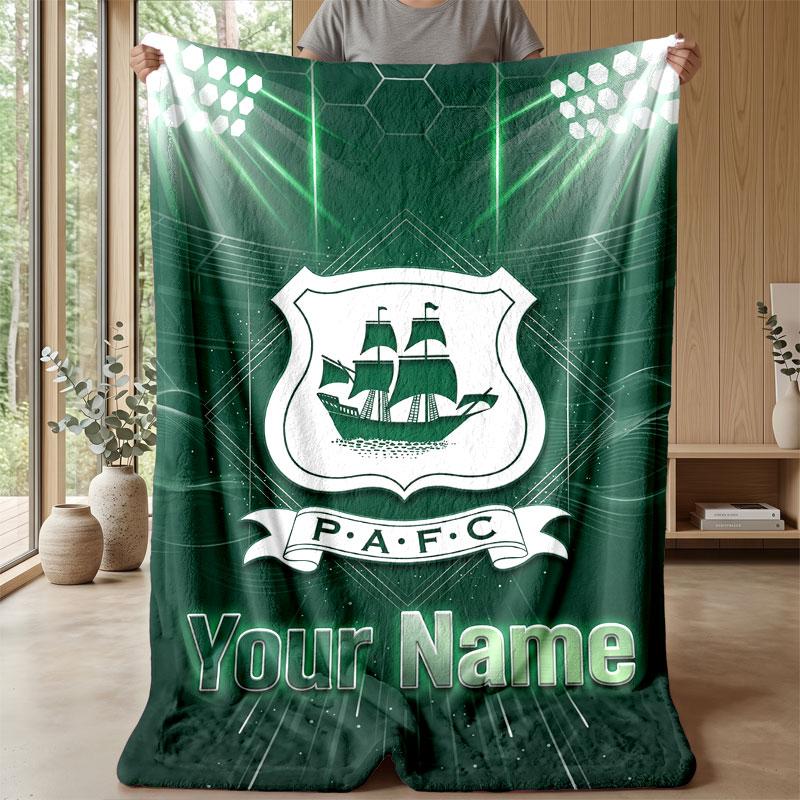 Plymouth Argyle FC Custom Name Text Flannel Blanket Soccer Logo Personalized Fleece Throw Blanket Special Gift For Sofa Bedroom Home
