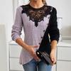 Lace Round Neck Color Blocked Pit Stripe Cross Hem Long Sleeved Knitted T-shirt for Women