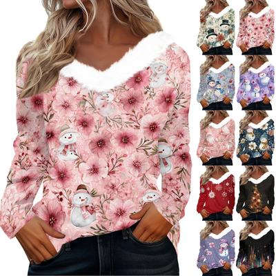 Рубашки с длинным рукавом для женщин Милые топы Рождественские принты Футболки Блузки Повседневные топы больших размеров Базовые топы Пуловеры