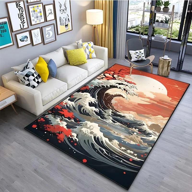 1PC Japanese Art Kanagawa Waves Carpet for Living Room Home Decor Large Area Rug Bedroom Floor Rug Non-slip Easy Washable Mat