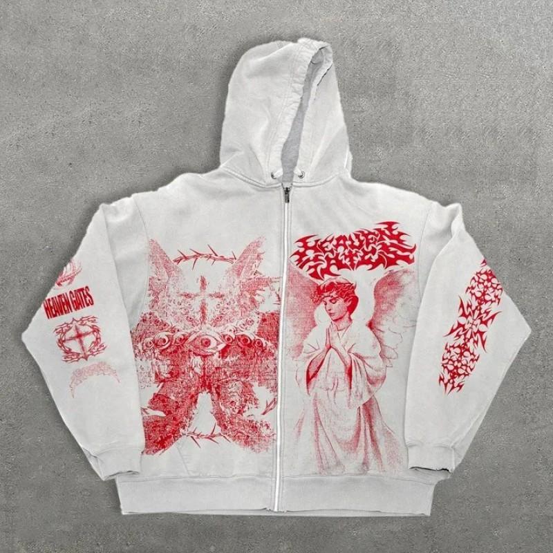 3D Printed Hooded Zip-Up Oversized Sweatshirt Women Men Y2K Retro Style Loose Fit Long Sleeve