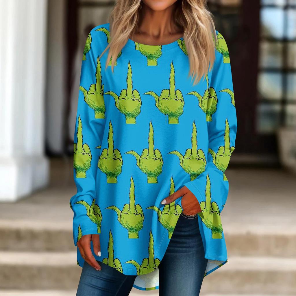 Женская рождественская принтовая рубашка с длинным рукавом, круглый вырез, пуловер, футболка, топ, пуловер