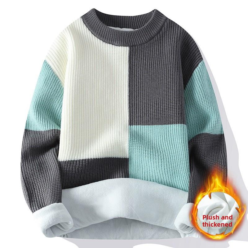 Мужской свитер с высоким воротом контрастного цвета 2024 года: Зимняя теплая свободная толстая трикотажная вельветовая одежда