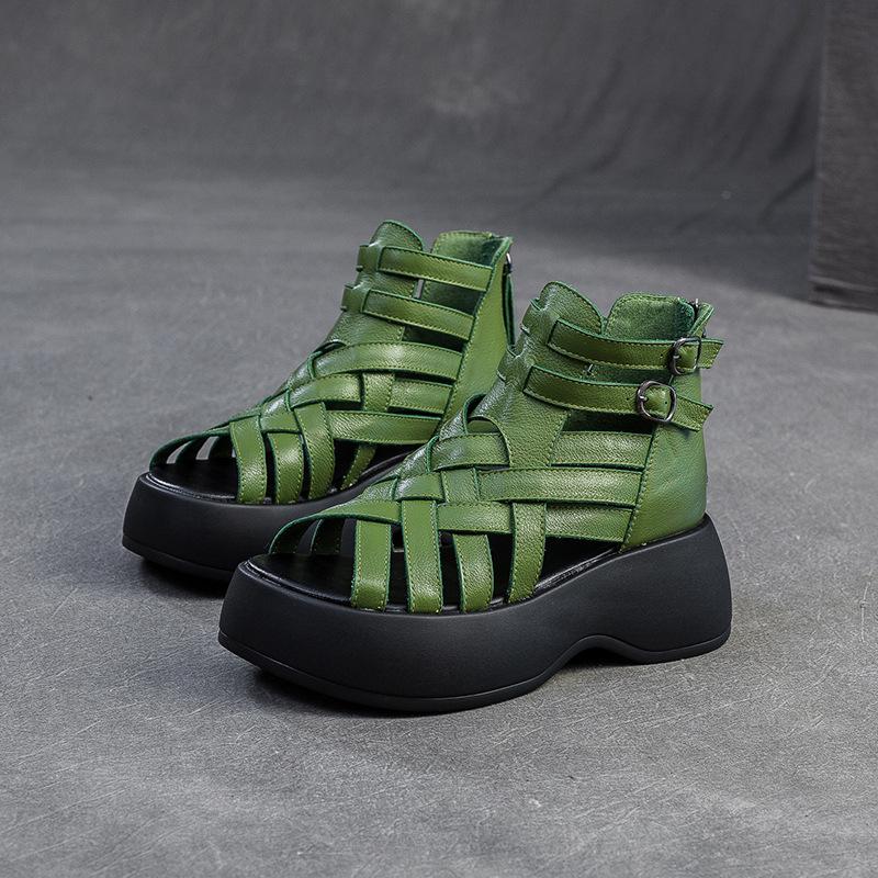 Fashion High Quality 6CM Weave Genuine Leather Fashion Ankle Booties Peep Toe Summer Sandals Mary Jane Platform Wedge ZIP Women Shoes