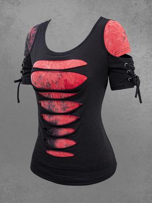 Футболка Rosegal Gothic Tie Dye Ripped Lace Up 2 в 1 с короткими рукавами