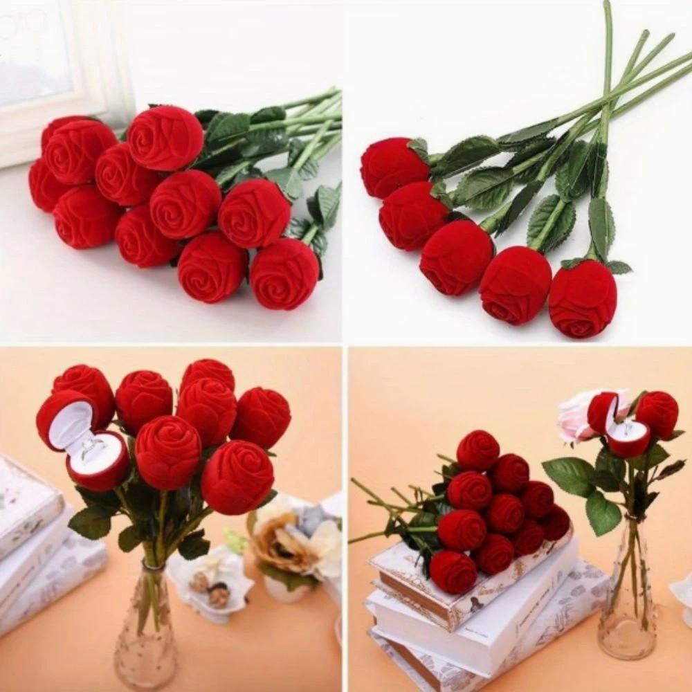 Red Velvet Rose Ring Box Simulation Flower with Leaves Valentine's Day Rose Ring Gimmick Romantic Rose to Ring Box