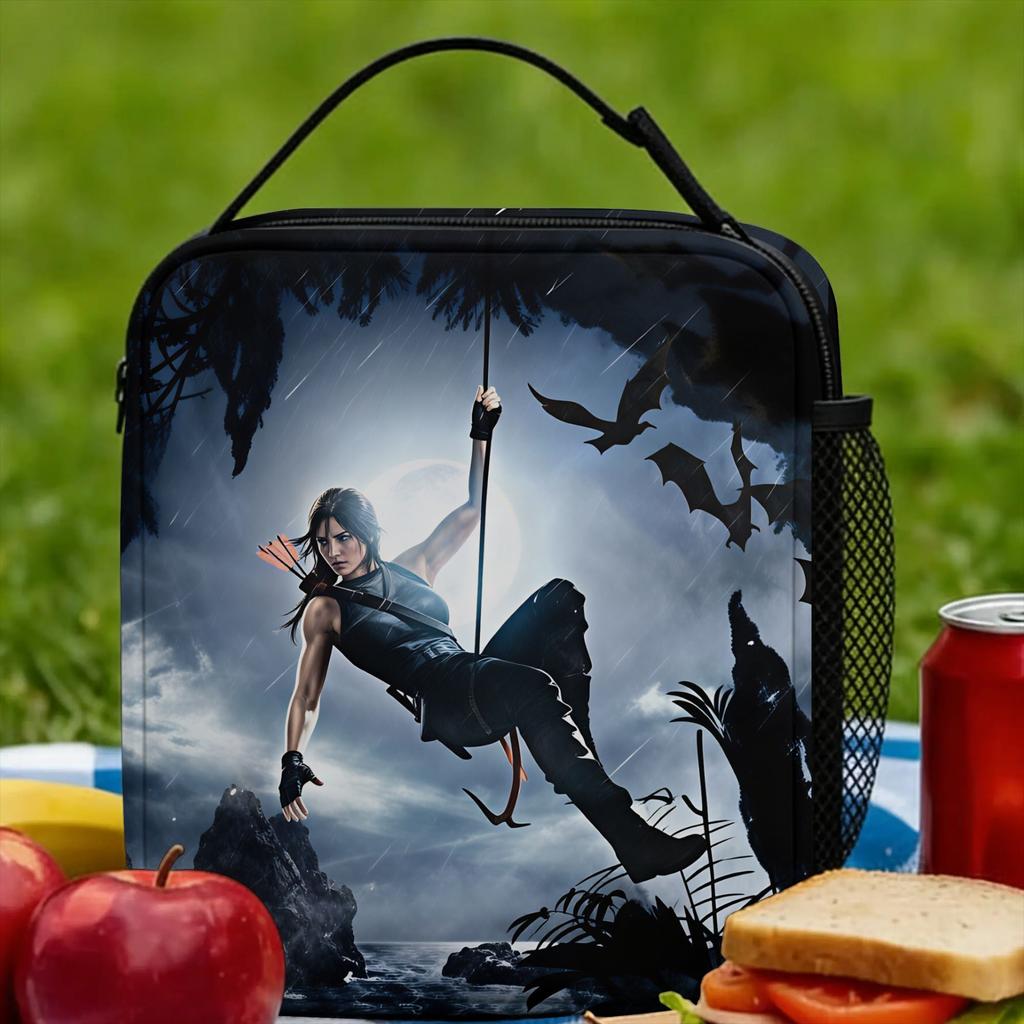 Tomb-Raider Lara Lunch Bag Travel Lunch Box For Men Leisure Graphic Design Tote Food Bags Oxford Portable Zipper Cooler Bag