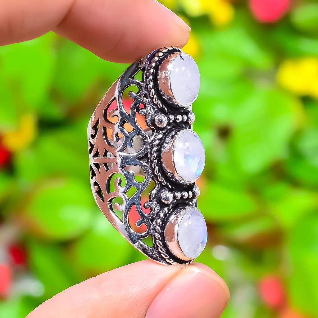 Радужный лунный камень Ручная работа Ювелирное изделие из стерлингового серебра 925 пробы Кольцо Размер 6 T4z31