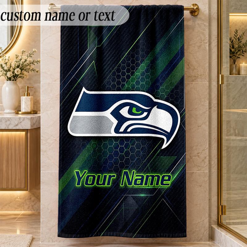Beach TowelSeattle Seahawks Custom Name Text Personalized Soft Towel for Beach Pool Indoor Home Decor Gift