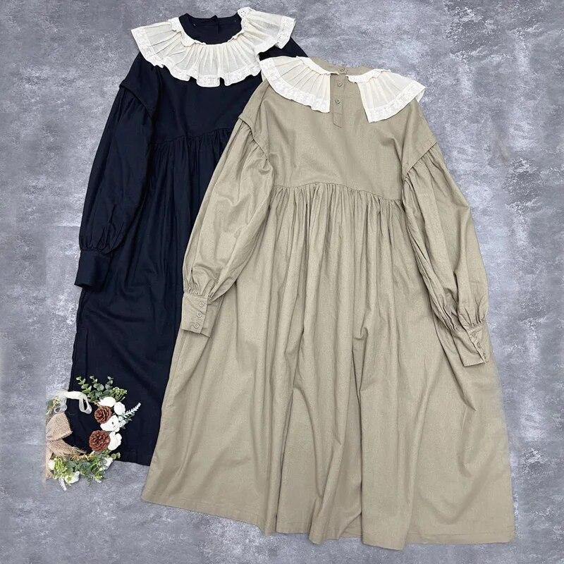 Johnature Японское женское хлопковое платье Mori с рюшами и воротником, винтажное повседневное свободное платье с длинными рукавами и простыми карманами, весеннее платье