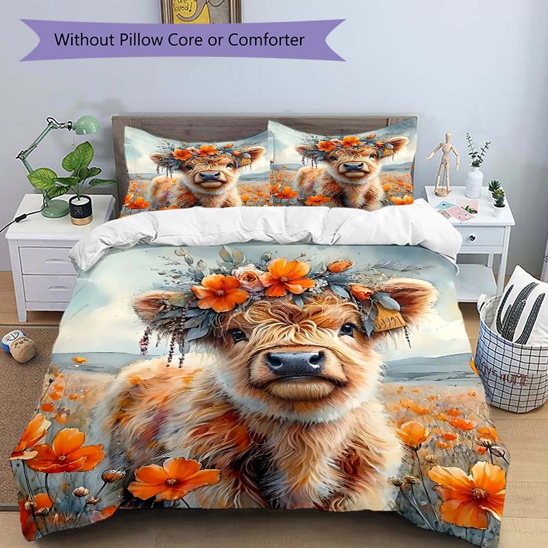 3pcs Floral Crowned Calf Bedding Set, Includes Quilt Cover and Pillowcases, Suitable for All Seasons