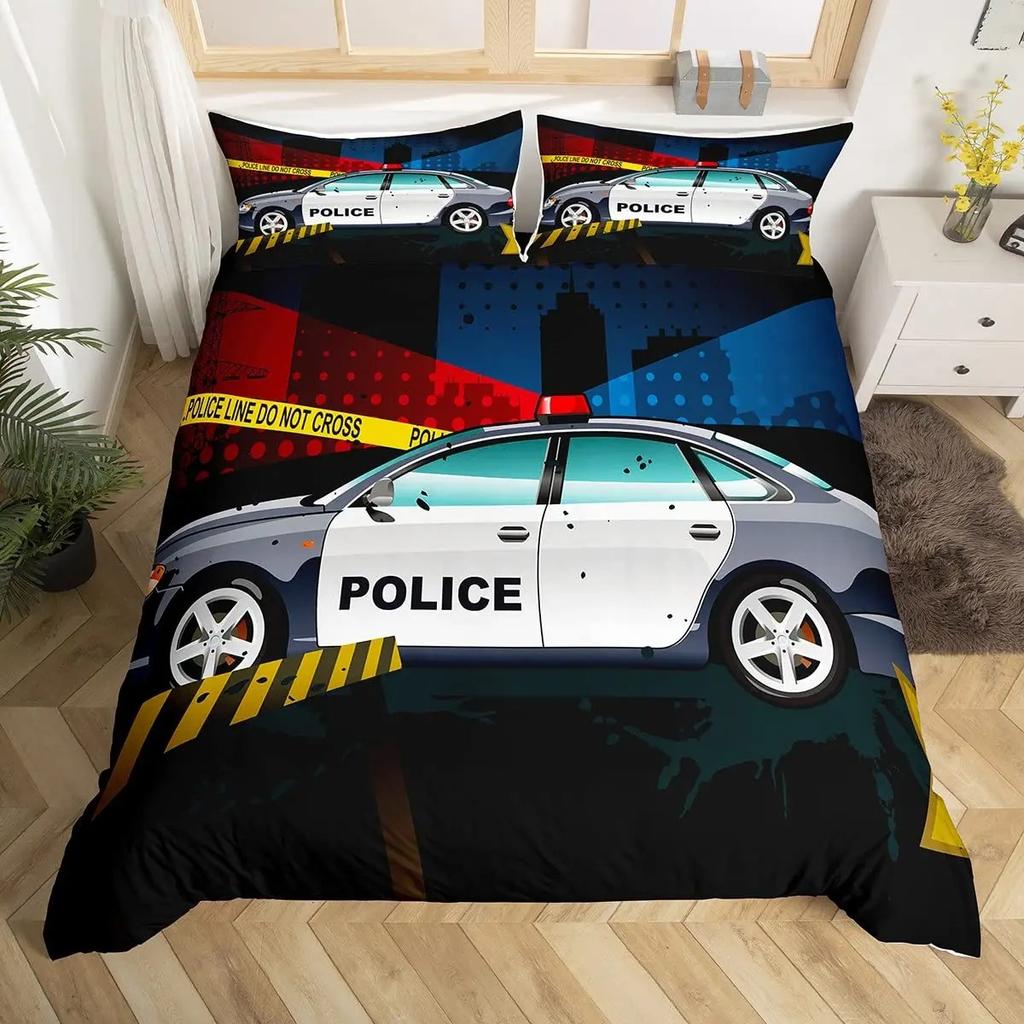 Police Car Duvet Cover Set King Queen Size Polyester Quilt Cover Cartoon Car Pattern For Kids Teens Bedding Set With Pillowcase