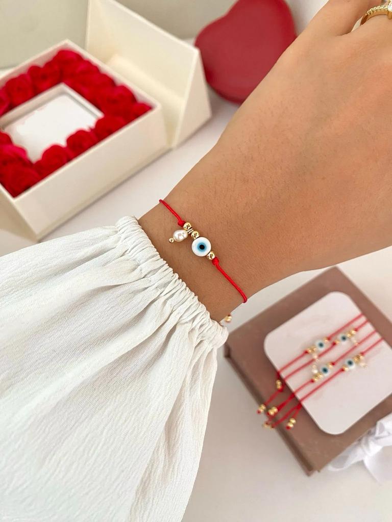 Vlen Evil Eye Red String Bracelet Pearl Charm Adjustable Handmade Lucky Turkish Eye Red Cord Bracelets Women Jewelry Gift