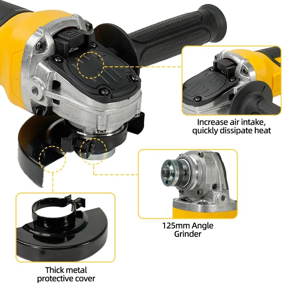 Angle Grinder Brushless Cutter 125mm Lithium Electric Angle Grinder Polishing Machine DIY Power Tool for DEWALT Battery