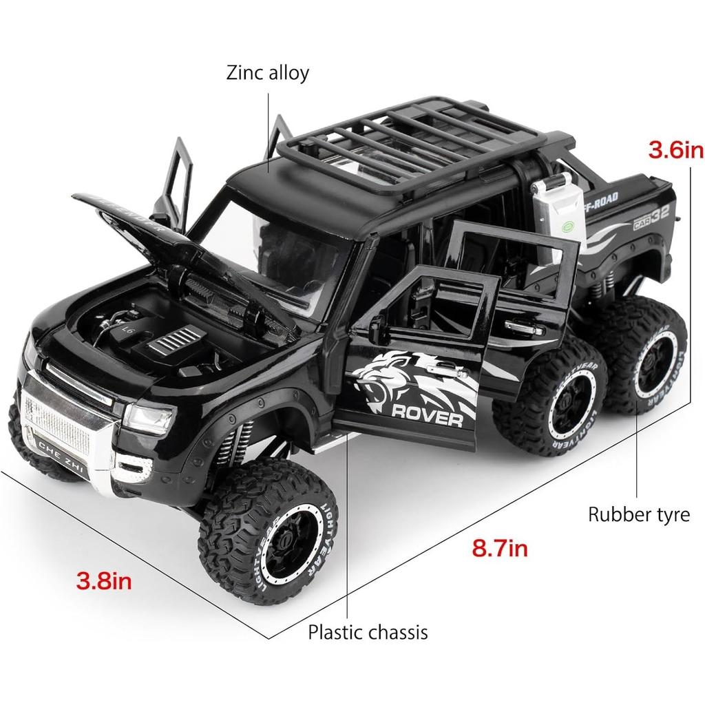 Игрушечная машина 1/24 Land Rover Defender Six Wheels Off Road Pickup Car Model, литой коллекционный грузовик с инерционным механизмом со звуком и огнями для детей и взрослых