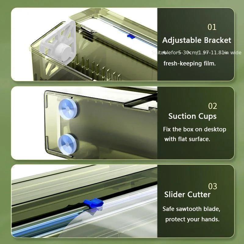 Large Roll Food-Safe Plastic Wrap Dispenser with Slide Cutter, Kitchen Cling Film Cutter Box