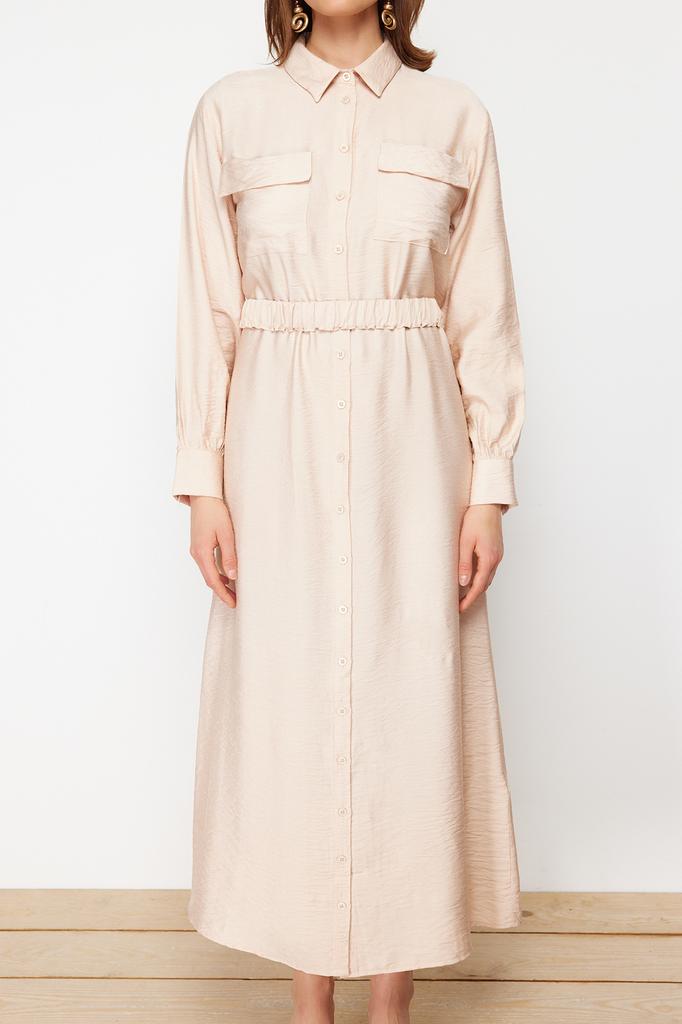 Women's Fashion New Hijab Dress Cinnamon Waist Elastic Belted Pocket Detailed Woven Dress