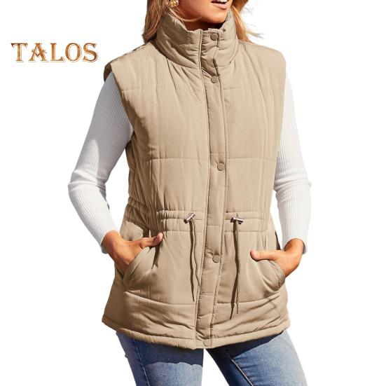 Winter Women Vest Coat Thickened Padded Button Closure Stand Up Collar Sleeveless Solid Color Drawstring Tight Waist Windproof Heat Retention Outdoor