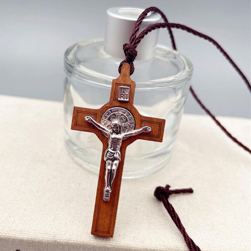 Простая религиозная вера Молитва Крещение Христианский Иисус Дерево Металл Крест Вощеный шнур Ожерелье Мужчины Женщины Аксессуары Ювелирные изделия Подарок