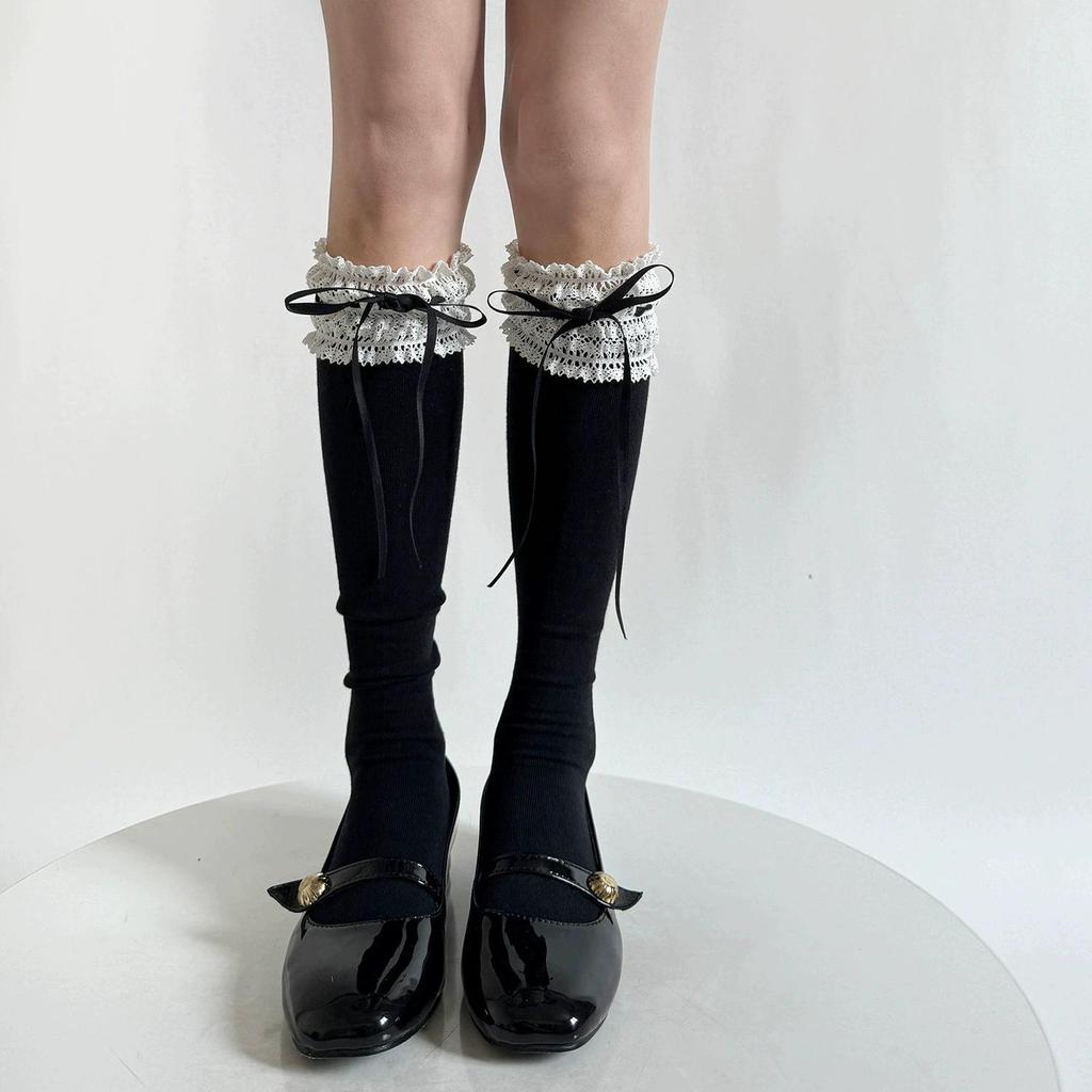 Pure Cotton Lolita Wide Lace Ribbon Bow Socks - Spring Mid-Calf Sweet Desire Style