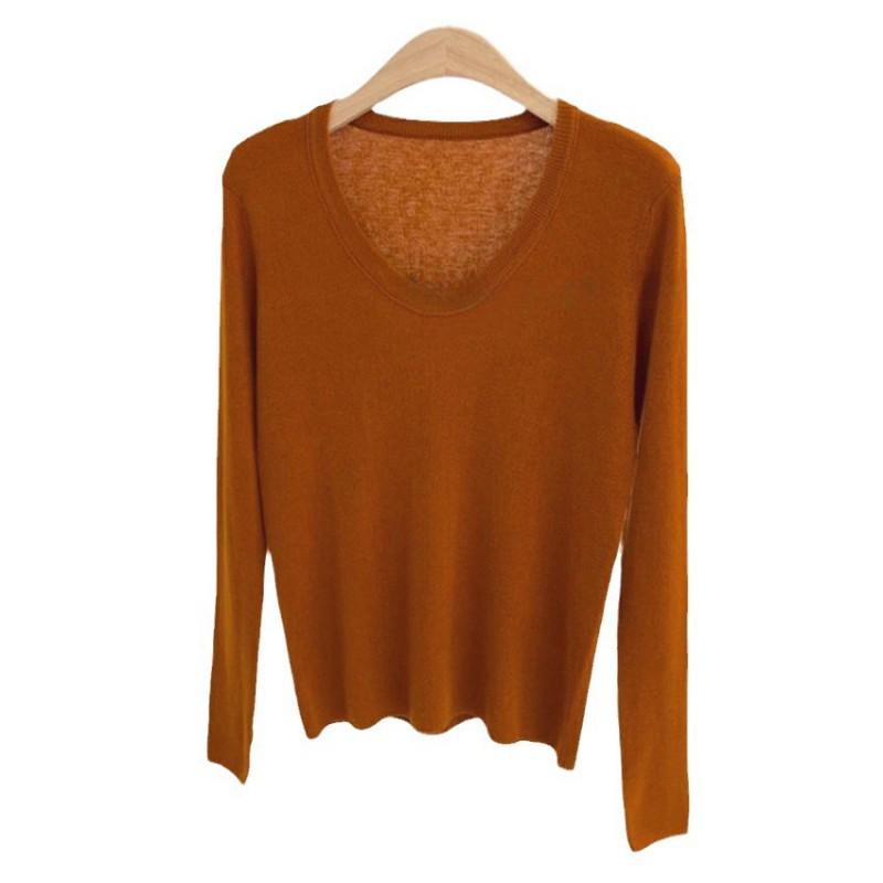 Womens U-Neck Fine Wool Knit Top Slim Fit Soft Solid Color Sweater M5823