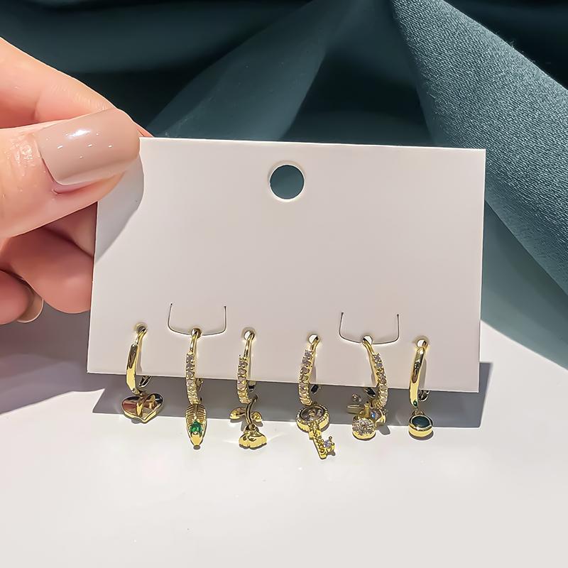 ANENJERY Женские серьги-кольца с листьями циркона, розами и сердечками, простые милые серьги из 6 предметов, вечерние украшения