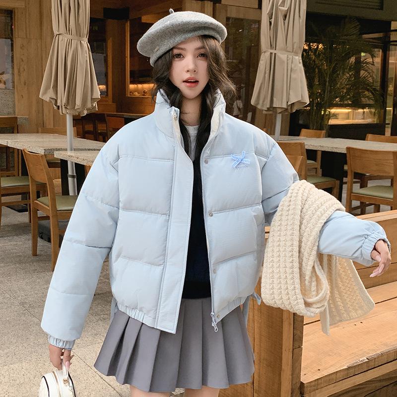 Fashion Contrast Color Bow Down Cotton Clothing Loose Stand Neck Down Cotton Clothing Winter Thickened Jacket