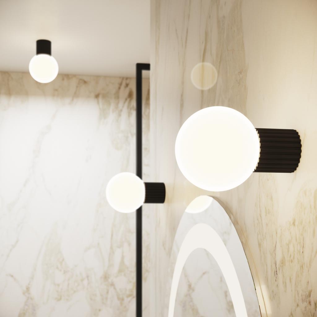 Spot Sufitowy Nowoczesny Czarny Ryflowany Korpus Szklana Biała Kula Do Łazienki Przedpokoju 1Xg9 8W Ip44 Halo Sollux Lighting