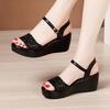 New 2025 Summer Chunky Platform Wedges Shoes Soft Leather Medium Heels Sandals Women Floral Cutout Black Beach Sandal Mom