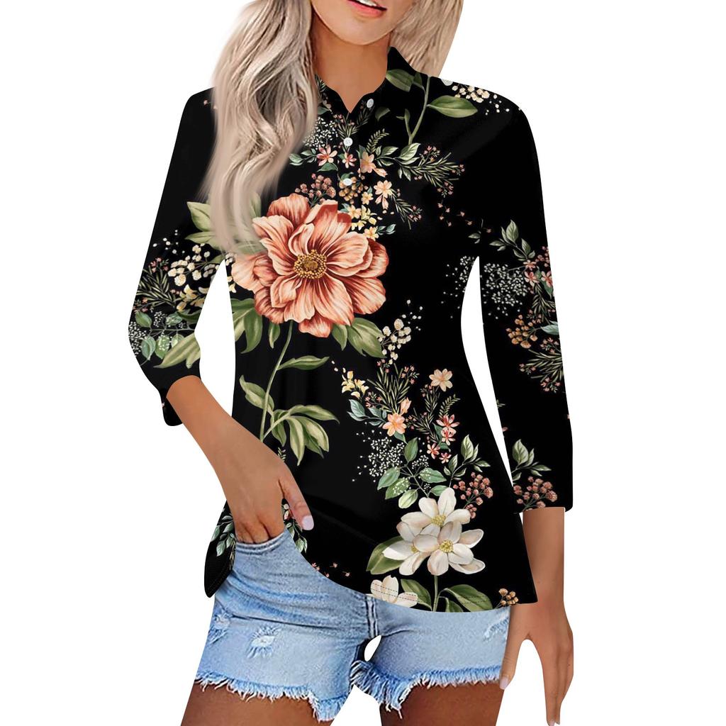 Женская модная повседневная рубашка с отворотом и рукавом 3/4, женские топы на пуговицах