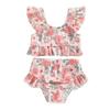 Baby Girls Bikini Set, Flower/Bull Head Print Fly Sleeve Vest with Elastic Waist Briefs Bathing Swimsuit for Summer Beach