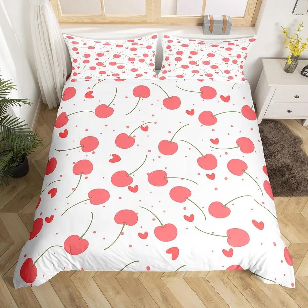 Клубничный комплект пододеяльника размера Queen King для девочек, розовый чехол для одеяла с мультяшными фруктами, постельное белье для девочек-подростков, 3 предмета