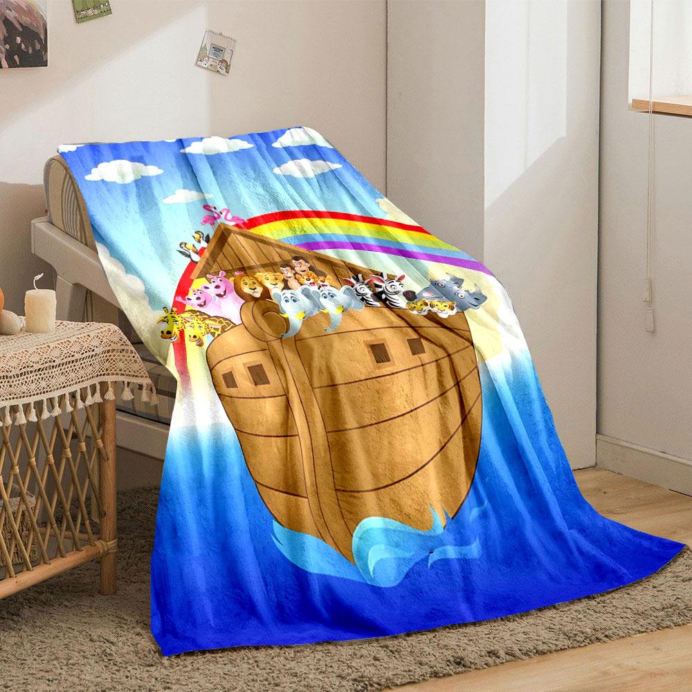 Animals aboard an ark under a rainbow with blue skies and clouds. for all seasons blanket lunch break throw gift