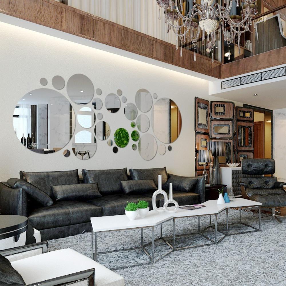 32Pcs Silver Mirror Decals Circle Home Background Decoration 3D Mirror Wall Sticker  Living Room