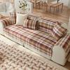 Cotton Linen Plaid Pattern Slipcovers for Living Room, Geometric Sofa Covers, Anti-Slip, Dustproof Couch Covers, Red and Beige