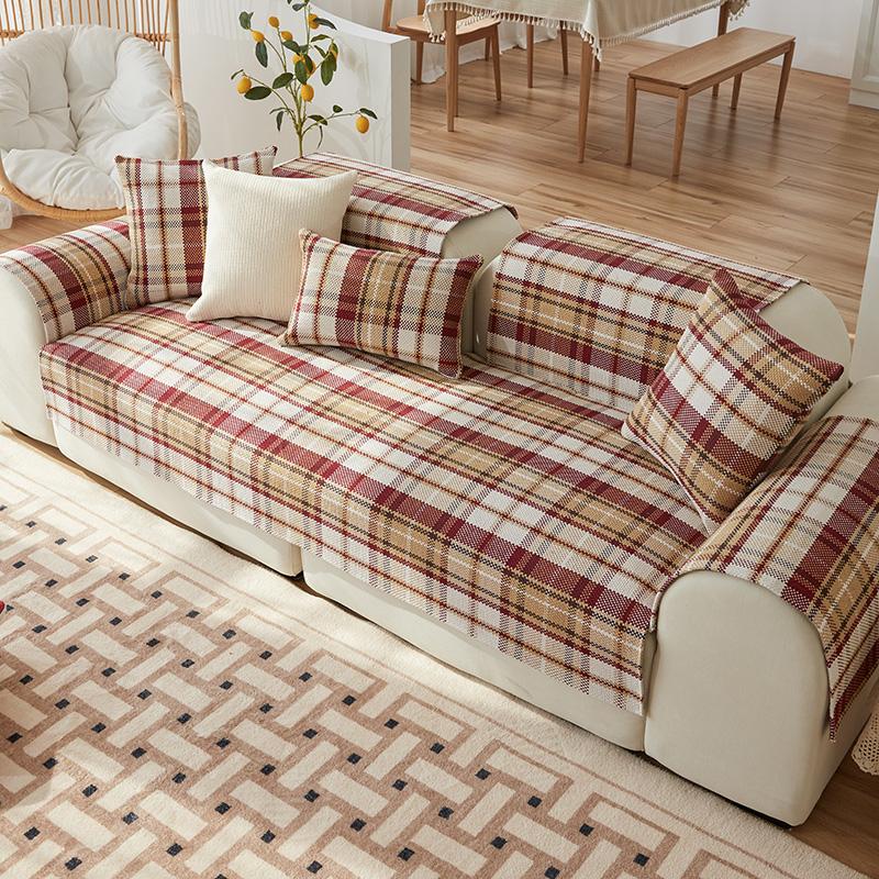 Cotton Linen Plaid Pattern Slipcovers for Living Room, Geometric Sofa Covers, Anti-Slip, Dustproof Couch Covers, Red and Beige