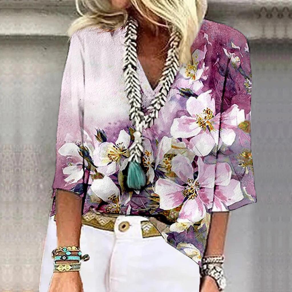 Женская рубашка, блузка, повседневные свободные рубашки, рукава 3/4, топы с v-образным вырезом и принтом, топы с принтом, футболки, футболки