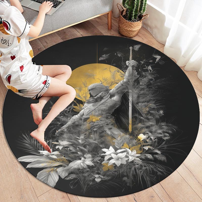Retro Line Roman Warrior Round Area Rug,Carpet Rug for Living Room Bedroom Sofa Playroom Decor,Non-slip Floor Mat