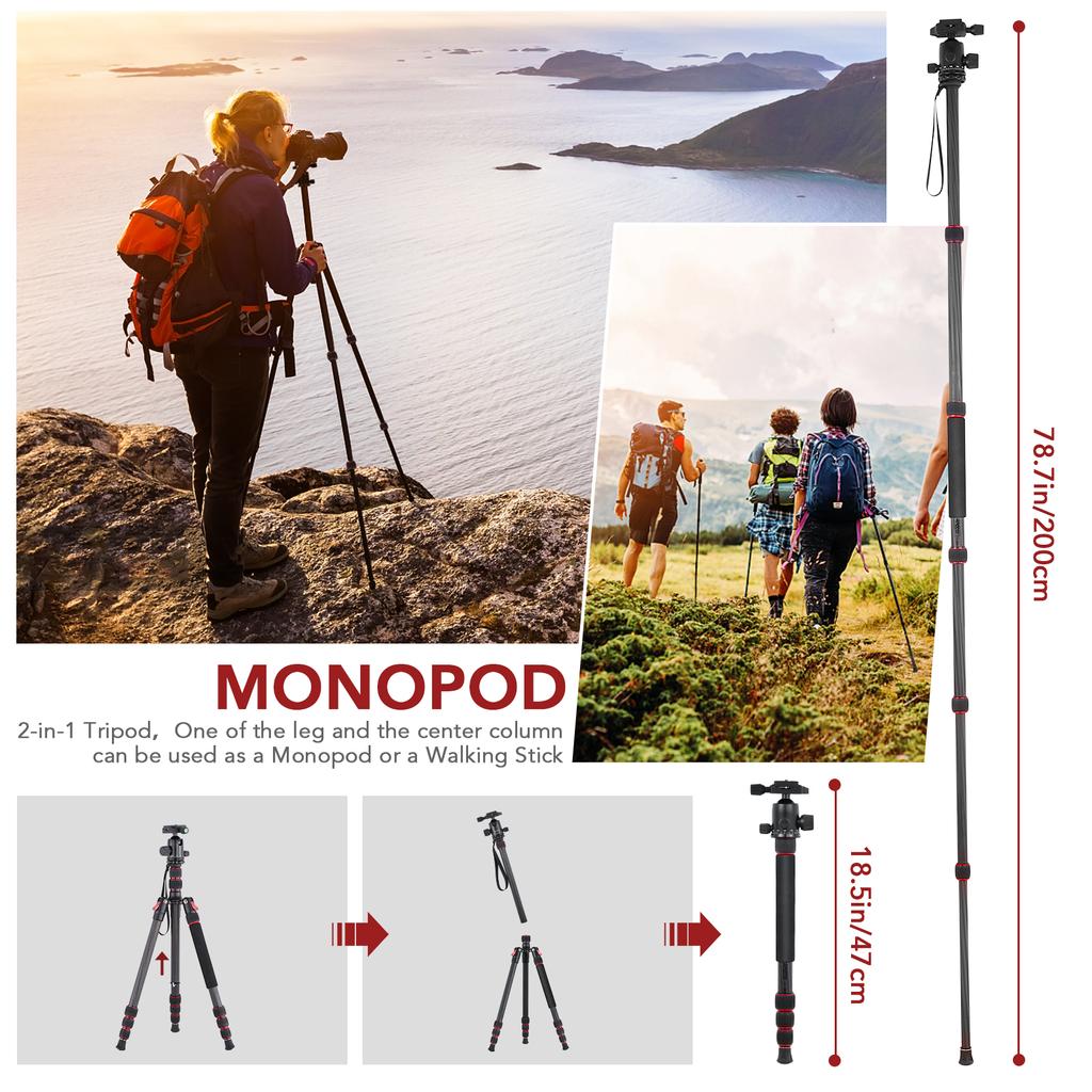 Andoer TTT-008 200cm/78.7in Adjustable Carbon Fiber Camera Tripod Stand Monopod 12KG Payload with