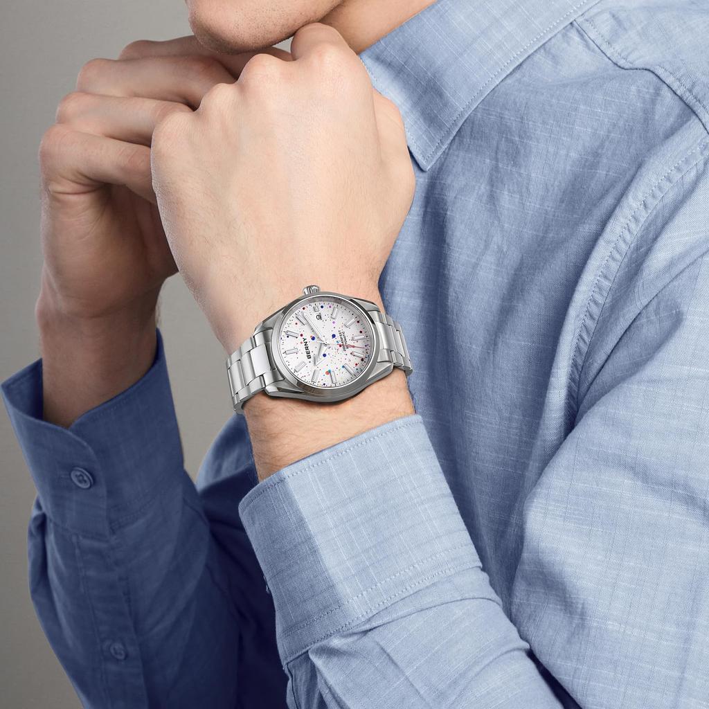 BERNY Автоматические 200М Водонепроницаемые Супер Люминесцентные Полностью из Нержавеющей Стали Аналоговые Сапфировое Стекло Календарь Включен Мужские Часы, Водонепроницаемые, Серебристые, Стальные, Часы, Кристалл,