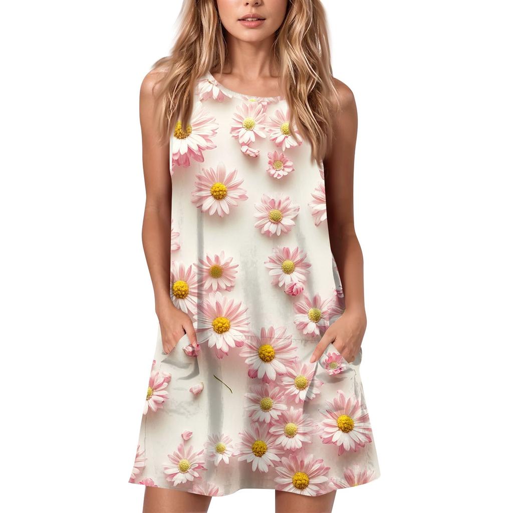 Женское летнее повседневное платье с круглым вырезом и принтом, платье без рукавов с карманами