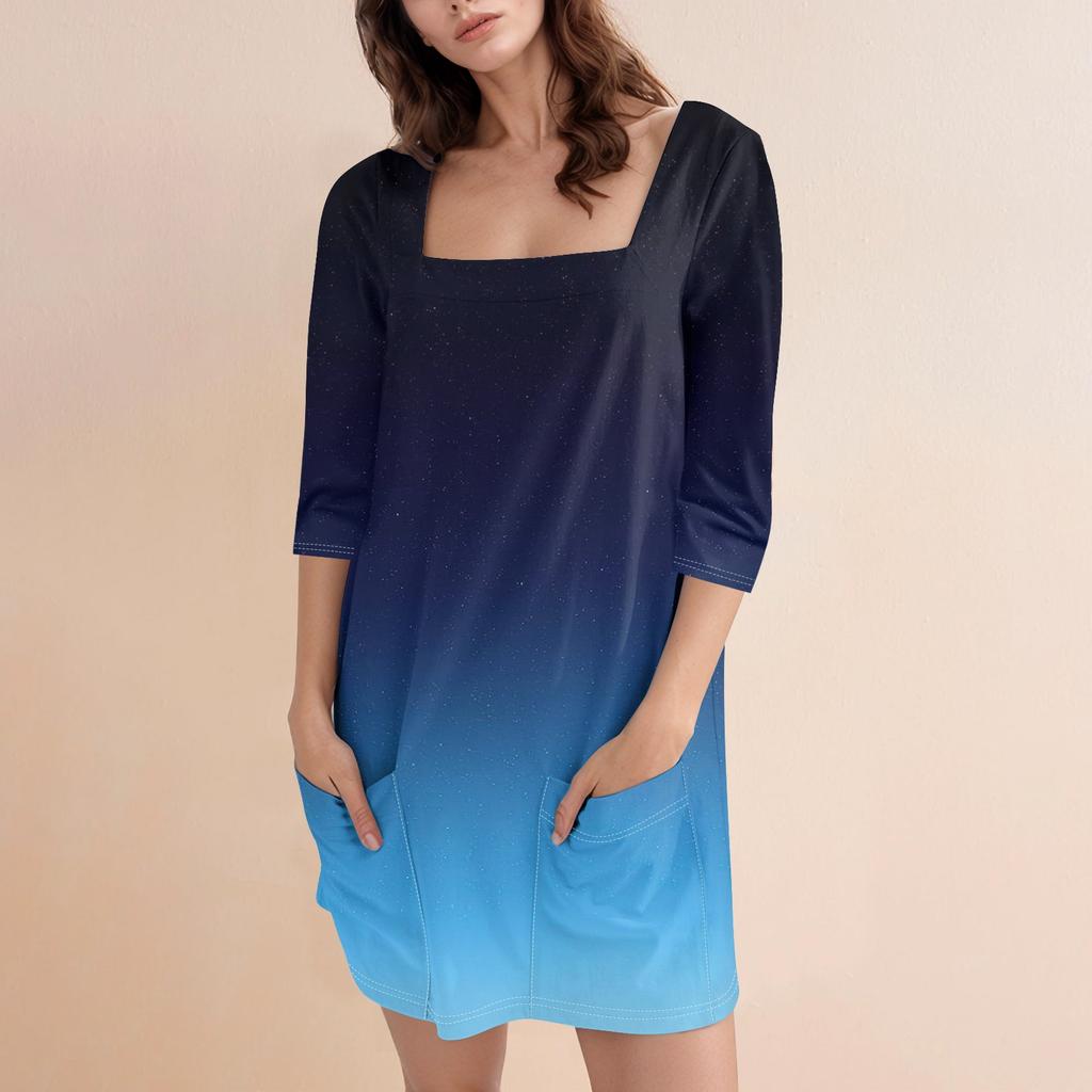 Женское модное повседневное короткое платье с квадратным вырезом и рукавом 3/4